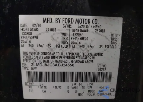 2010 Lincoln Mkx z USA, uszkodzony, nr VIN 2LMDJ8JC3ABJ24558